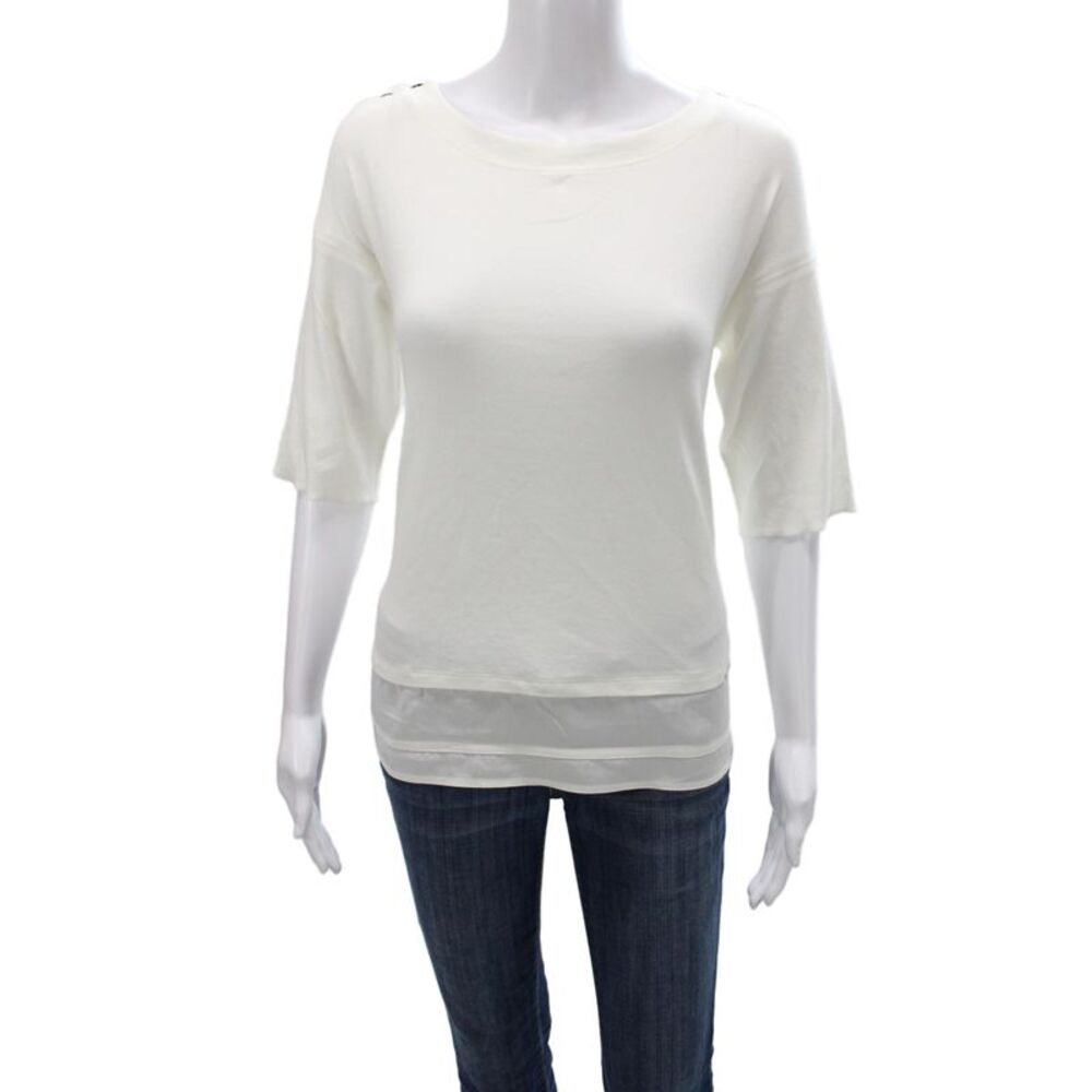 Marccain Sports Womens Basic White Boat Neck T-Shirt 3/4 Sleeve Cotton Size 5